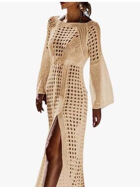 NWOT Beige Crochet Long Sleeve Maxi Swim suit cover up with Front Slit